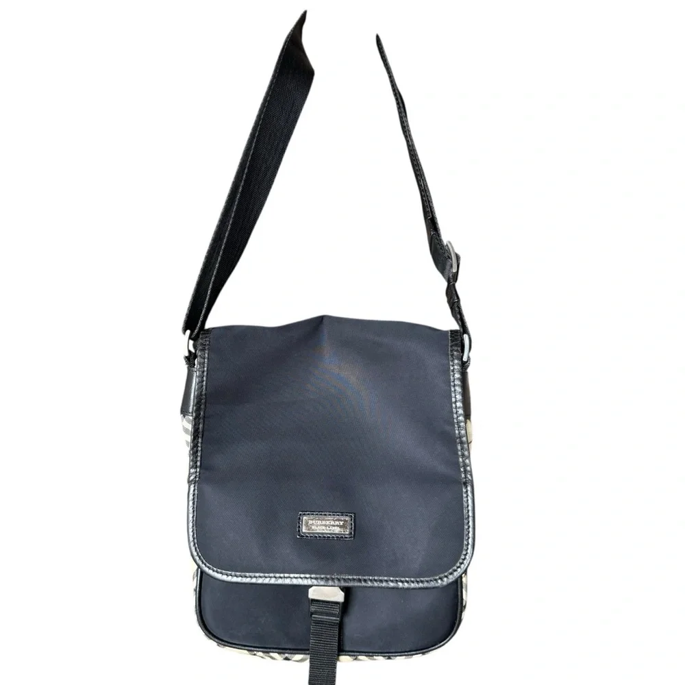 Burberry Nova Check Black Label Messenger Bag in Black Nylon with Leather Trim